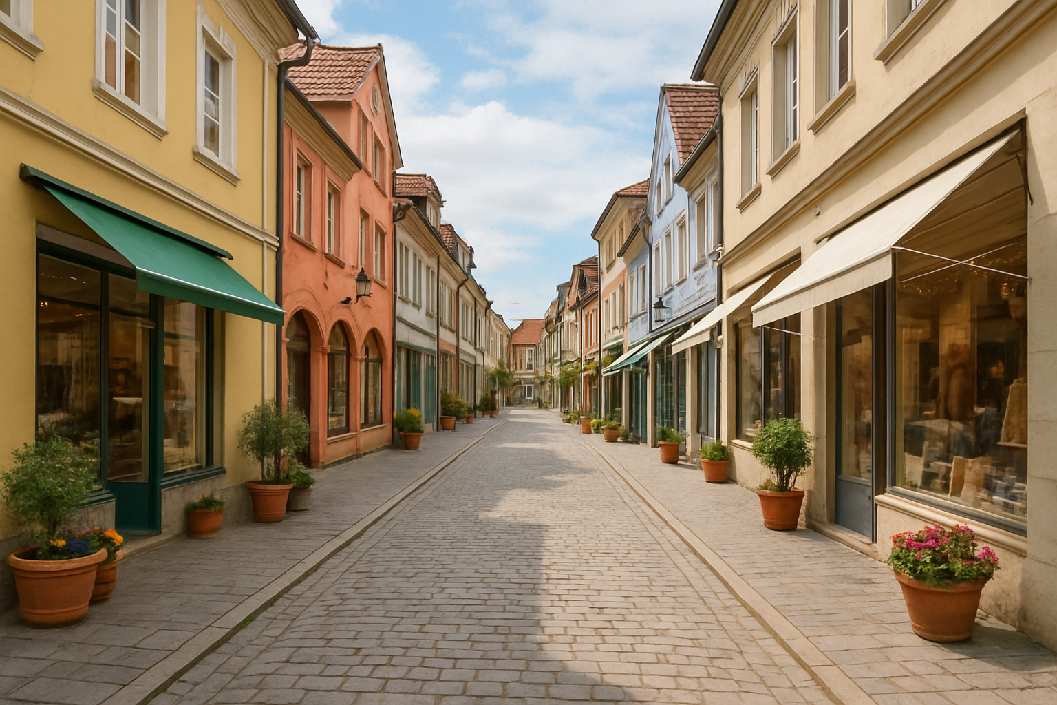 A picturesque cobblestone street lined with colorful buildings and planters, suggesting a walkable neighborhood environm