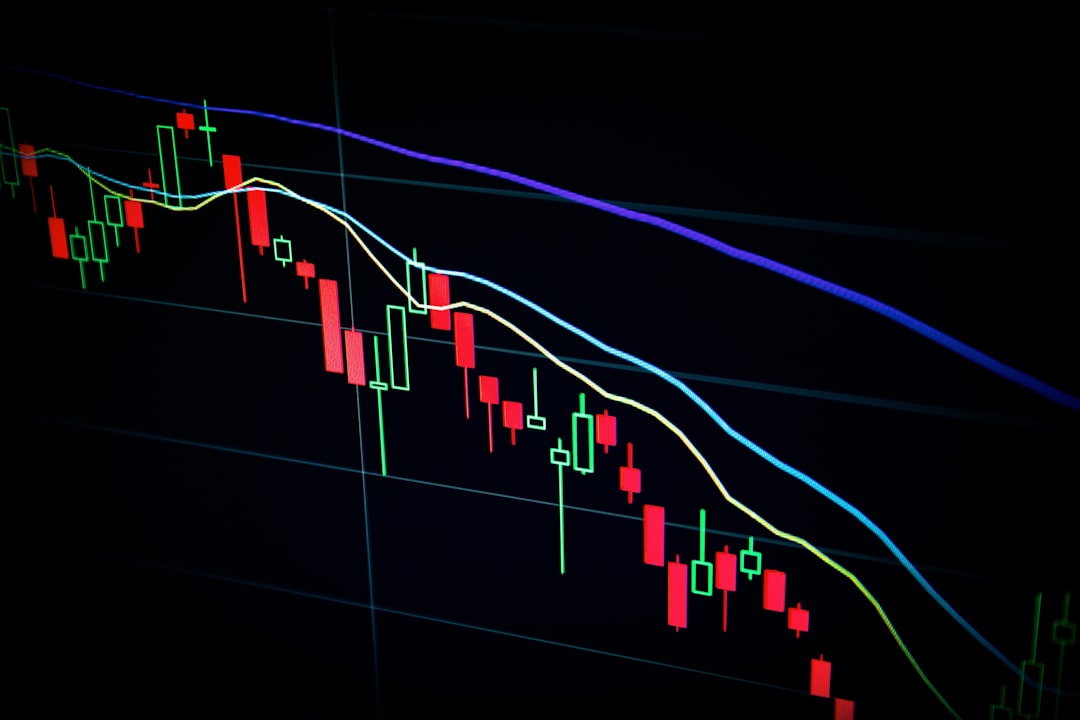 A close-up of a stock market candlestick chart showing fluctuations in values over time.